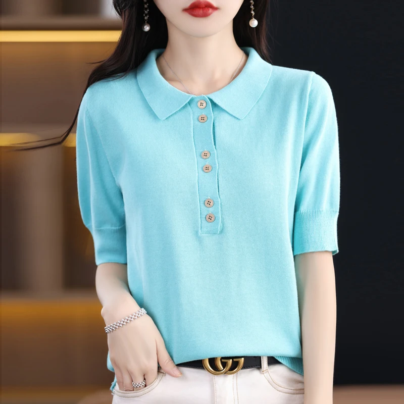 ZOCEPT Knitted Tops for Women Summer New Short Sleeve Button Ornament Polo Collar Lady All-match T-Shirt Female Pullover Shirt