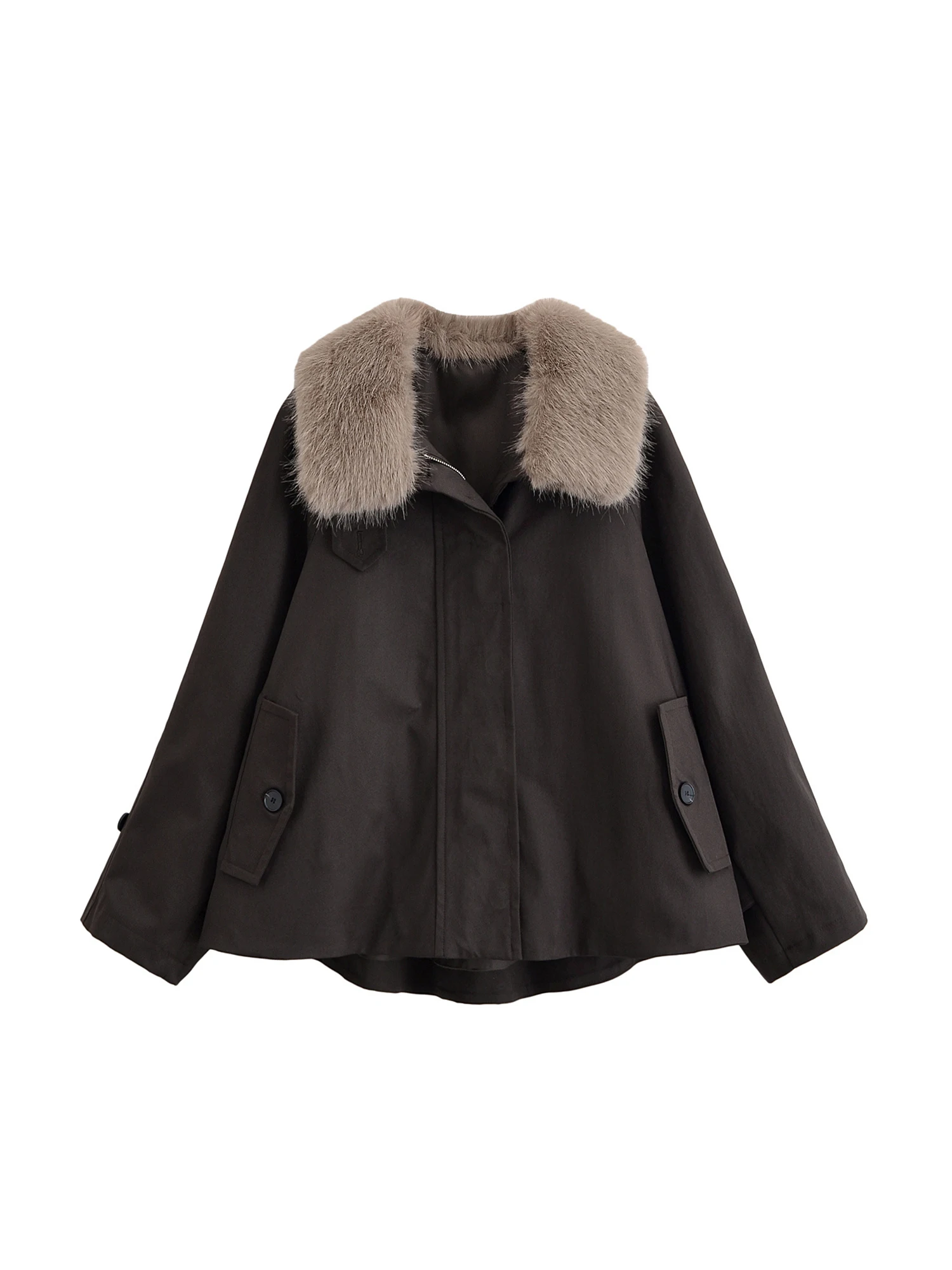 

Женский коричневый укороченный плащ в корейском стиле, винтажная модная меховая ветровка с длинными рукавами, верхняя одежда, зимне-осенняя одежда 2025