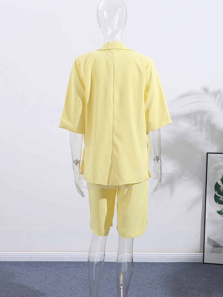 Elegant Yellow Lapel Blazers Coats Women Loose Short Sleeve One Button Side Split Suit Jackets 2025 Summer Lady Office Outwear