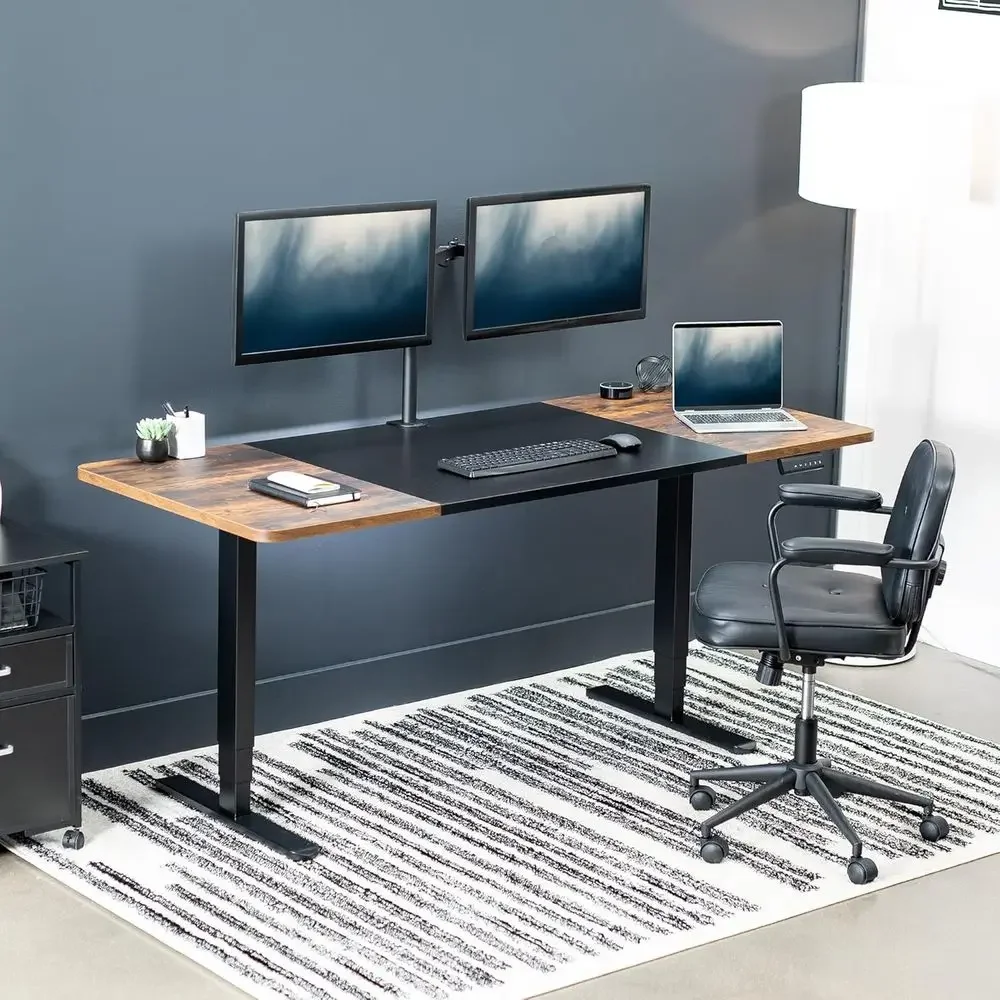 71x30 Dual Motor Rustic Sit-Stand Desk with Memory Height Adjustment, Black and Vintage Brown Top