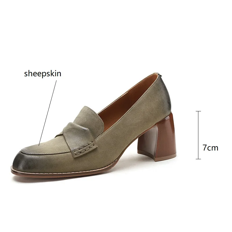 2024 New Spring Summer Sheepskin Women Shoes Round Toe Women Pumps French Retro High Heels Loafers Shoes for Women Ladies Shoes