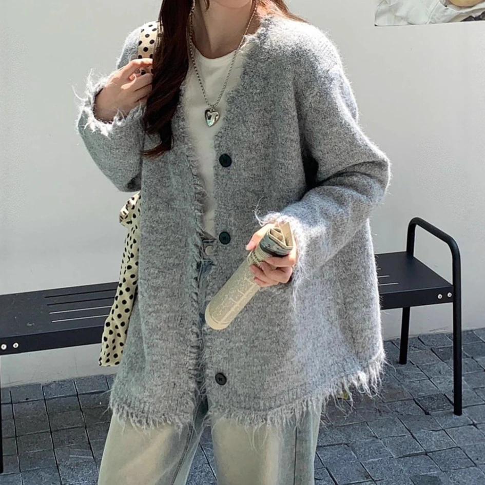 

Women y2k Cardigan Sweaters Solid Knitted Jumpers V Neck Long Sleeves Single Breasted Loose Elegant Casual 2025 Autumn Winter