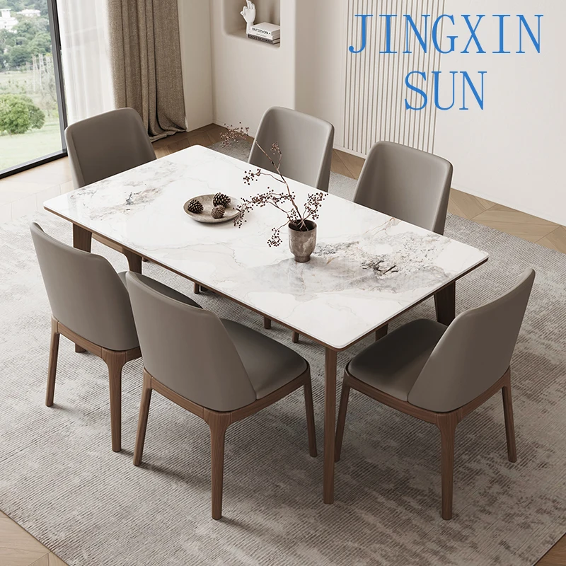 Solid Wood Bright Rock Slab Dining Table And Chair Combination Modern Simplicity Ash Wood Rectangle Soft Pack Chair Furniture