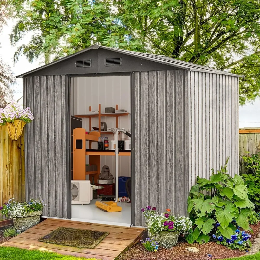 

Outdoor Storage Shed, Metal Shed with Double Sliding Doors and Foundation, Waterproof Storage Shed , 8X6FT