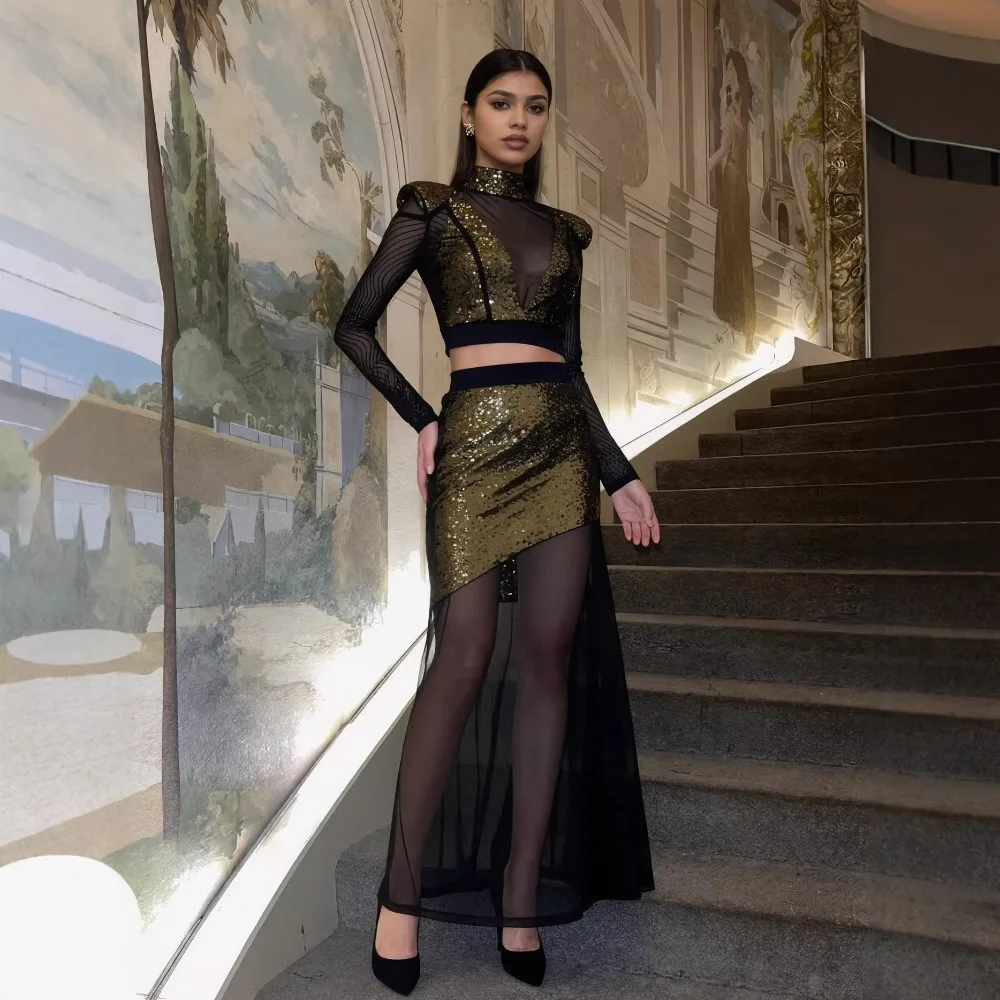 

Женский прозрачный сетчатый топ с золотыми пайетками и длинными рукавами нестандартной формы, тонкий длинный комплект из двух предметов, вечерние комплекты для вечеринок, для ночного клуба