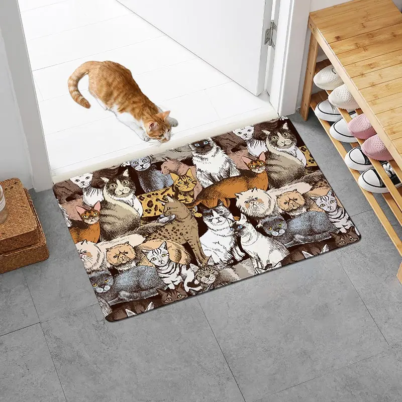 

Cute cartoon cat and claw print welcome mat, non-slip, machine washable polyester carpet, knitted fabric, suitable for indoor/ou