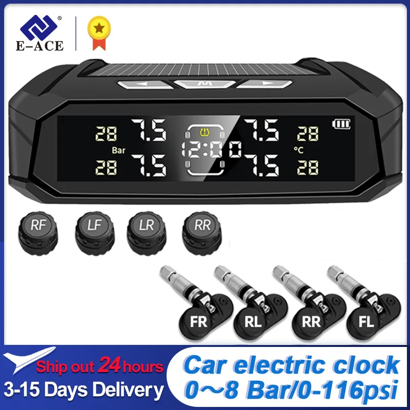 E-ACE Sensor Car TPMS 8Bar Tire Pressure Monitoring System Smart System For Auto 4 Sensors Vehicles Electronic Clock LCD Display