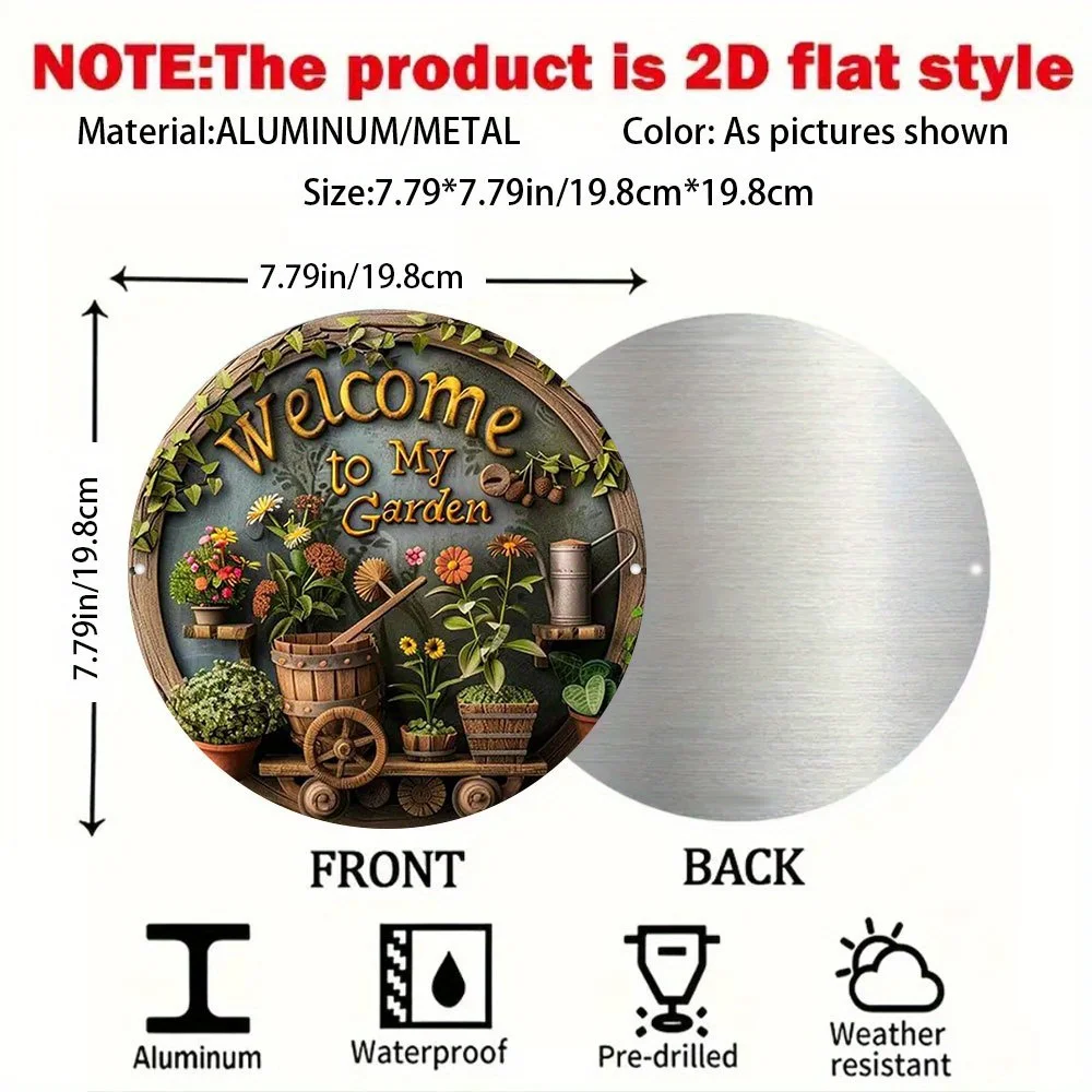 2D Flat My Garden Welcome Sign, Retro Round Metal Sign/Wall Art Decorative Sign, Durable Indoor/Outdoor Wreath Hanging Sign Home