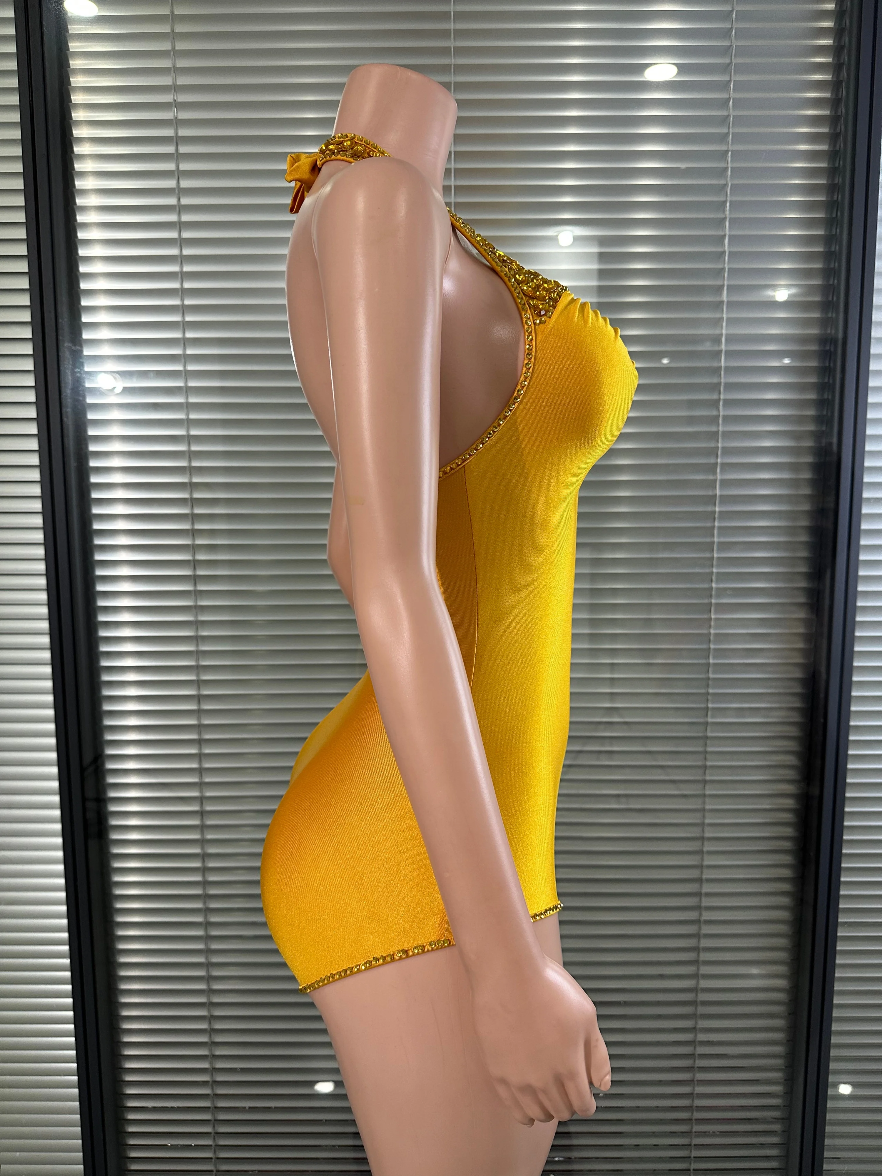 Women Golden Halter Rhinestone LatinDance Bodysuit Custom AQ Crystal LogoSatin Leotard Competition PerformanceStage Dancewear