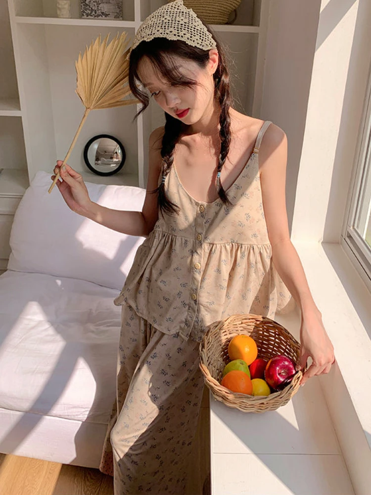 Summer Floral Pajama Sets Women Home Prairie Chic Sleeveless Girlish Sleepwear Thin Casual Students Dormitory Lounge Clothing