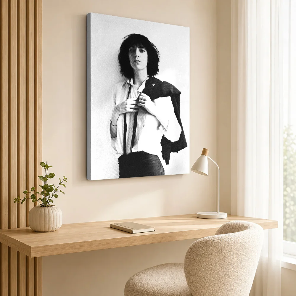 Patti Smith In Shirt And Tie Framed Canvas Print Personalized Photo Monochrome Studio Lighting Wall Art For Listening Lounge