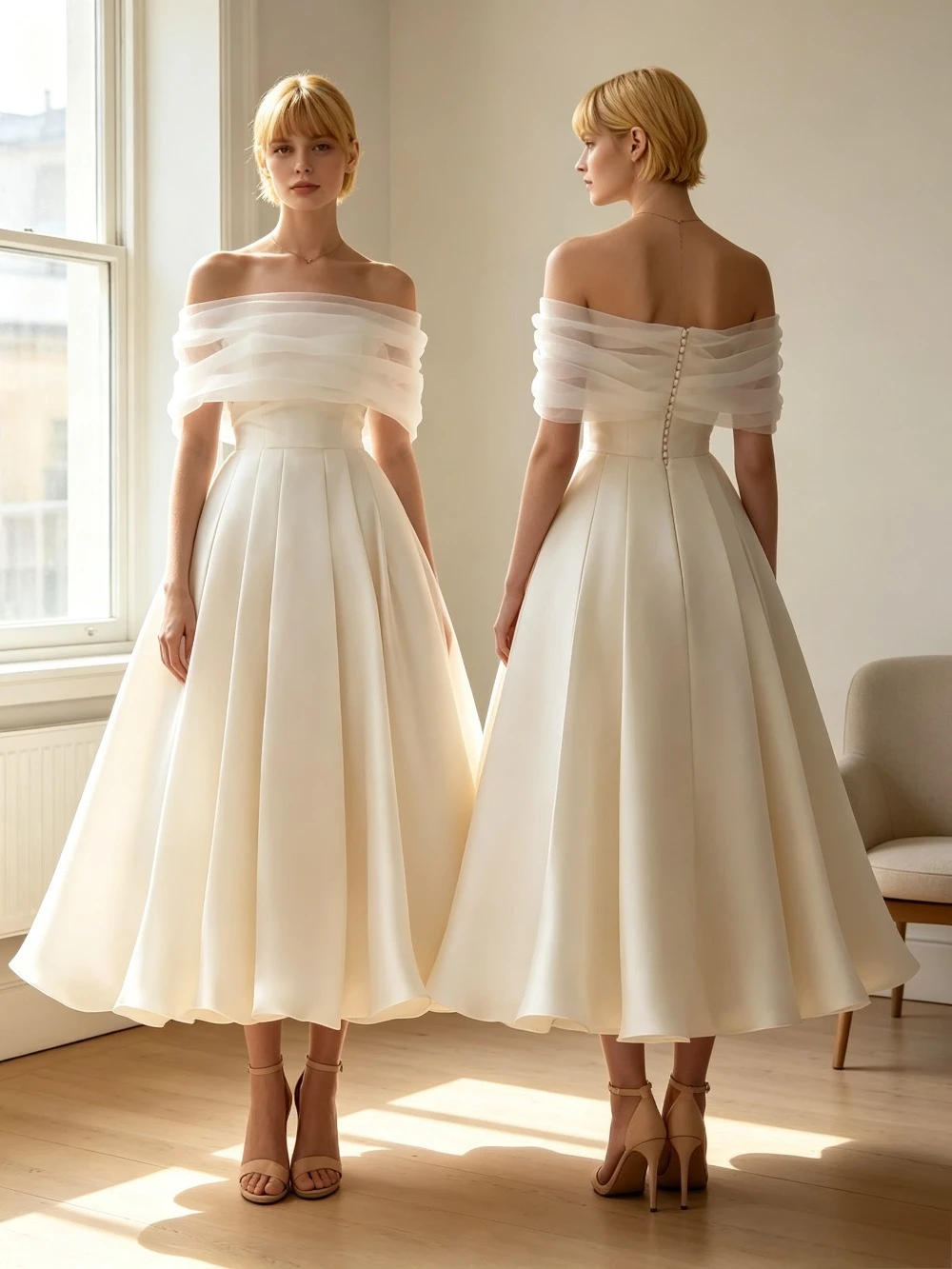 Customized Satin Off The Shoulder A Line Tea Length Wedding Dress Removable Sleeves Bridal Party Gown Elegant Fit for Wedding