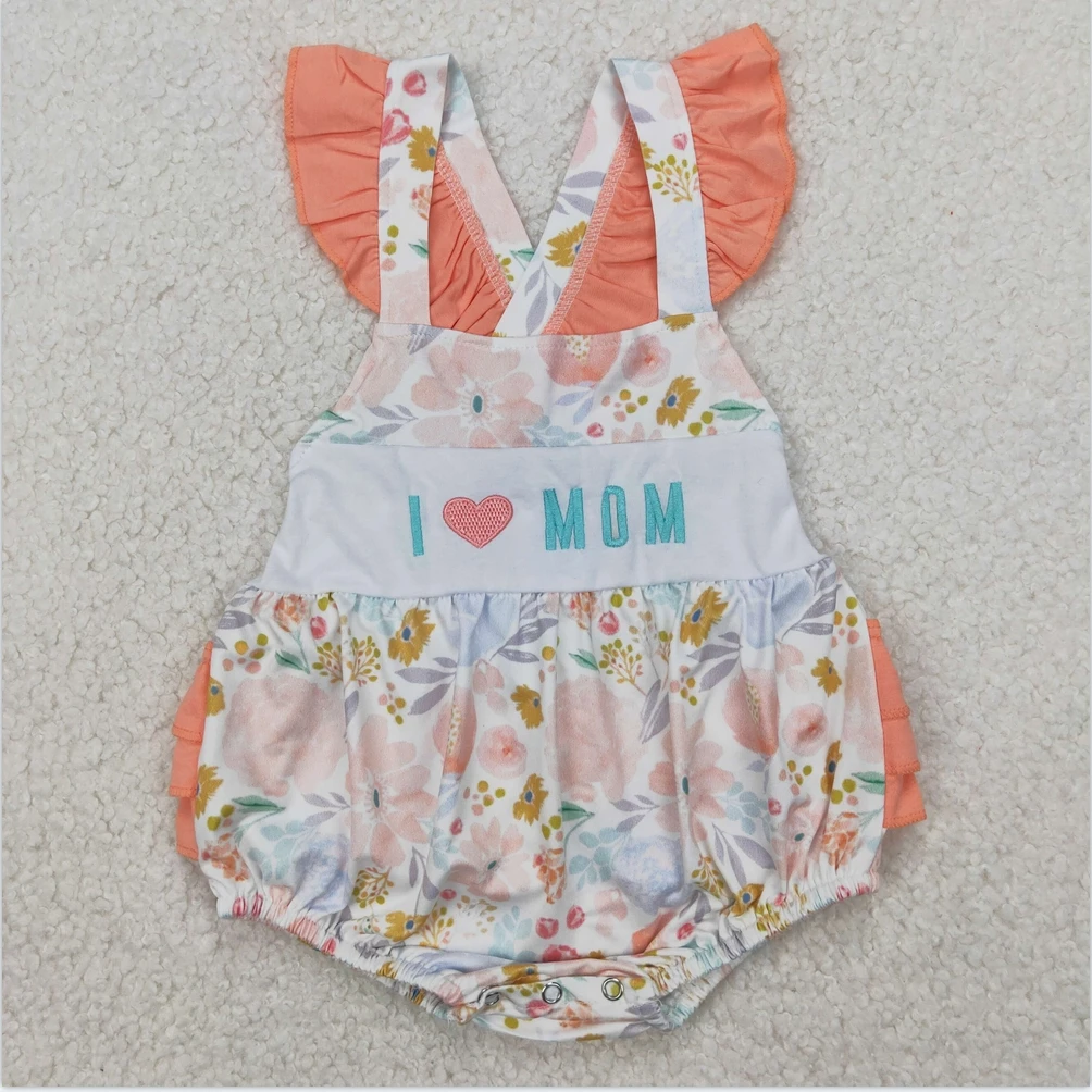 

New Short sleeve Baby Infant Girls Embroidery Baby Infant Girls I LOVE MOM Floral Ruffle Rompers