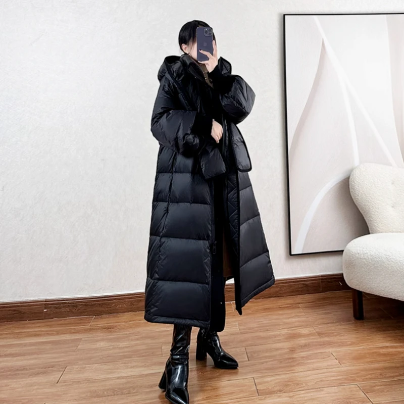 겨울 신상 우아한 스카프 칼라 다운 코트 여성 허리 벨트 디자인 감각 두꺼운 패션 따뜻한 울트라 롱 파카 재킷