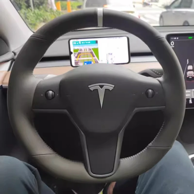 

For Tesla Model 3 2015-2021 Model Y 2019-2021 Hand Stitched Deep black Genuine leather car steering wheel Cover