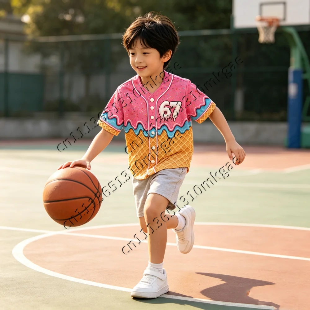 Cute Donut Dripping Ice Cream Waffle Texture Baseball Jersey 67 Graphic Button Up Short Sleeve Street Style Baseball Shirt