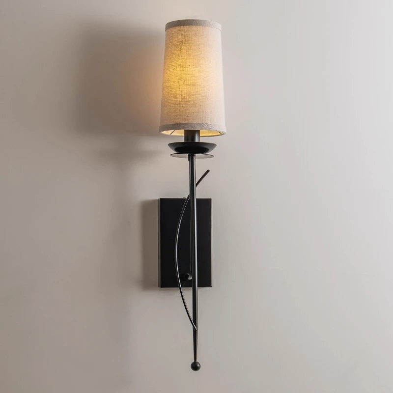 French Retro Black Wrought Iron LED Wall Lamp Cylindrical Linen Fabric Lampshade Living Room Bedroom Restaurant Corridor Sconces
