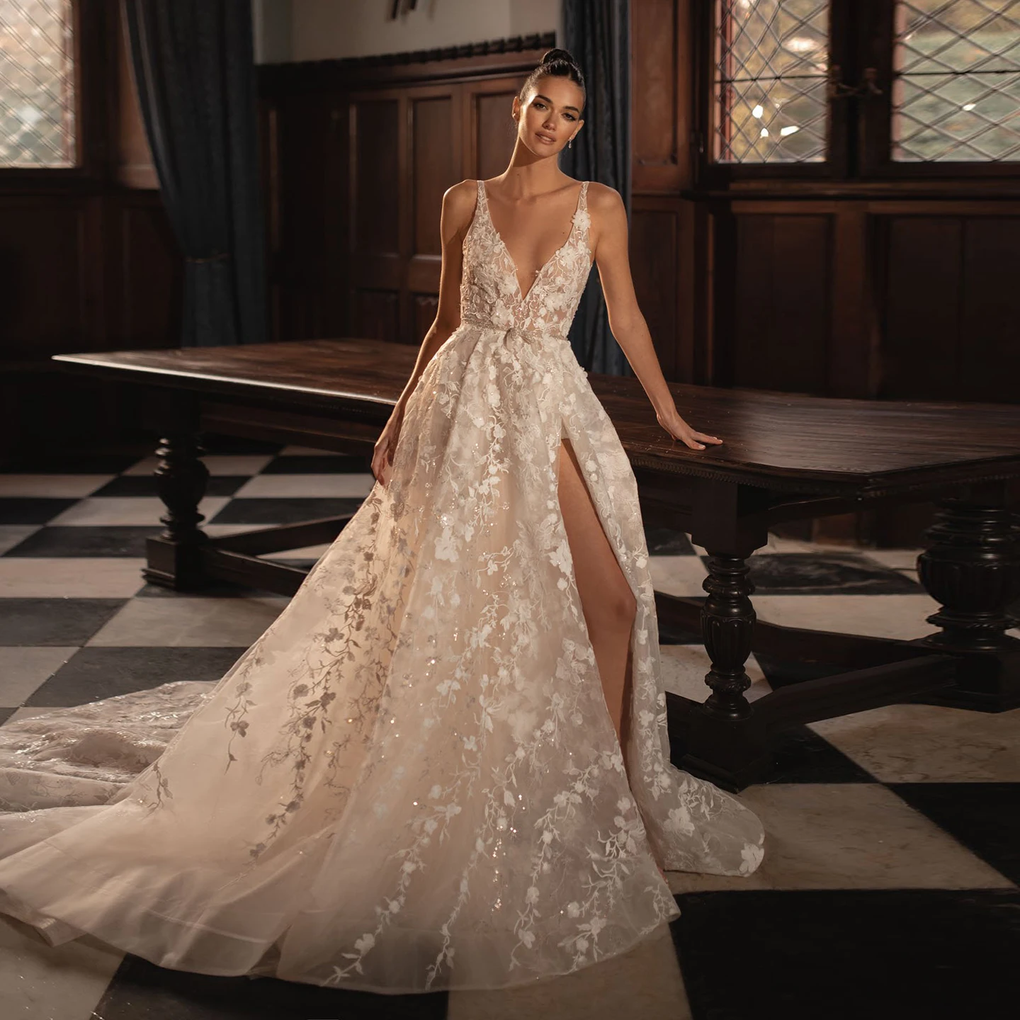 

Sharon Said Sexy High Split A-line Off White Tulle Wedding Dress 2025 Deep V-Neck Sleeveless Corset Bride Gowns SW202 Customized