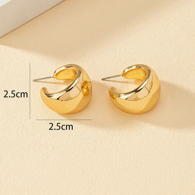 Vintage Chunky Gold Color Hoop Earrings For Women Simple Stainless Steel Smooth Metal Round Circle Earrings Lightweight Jewelry