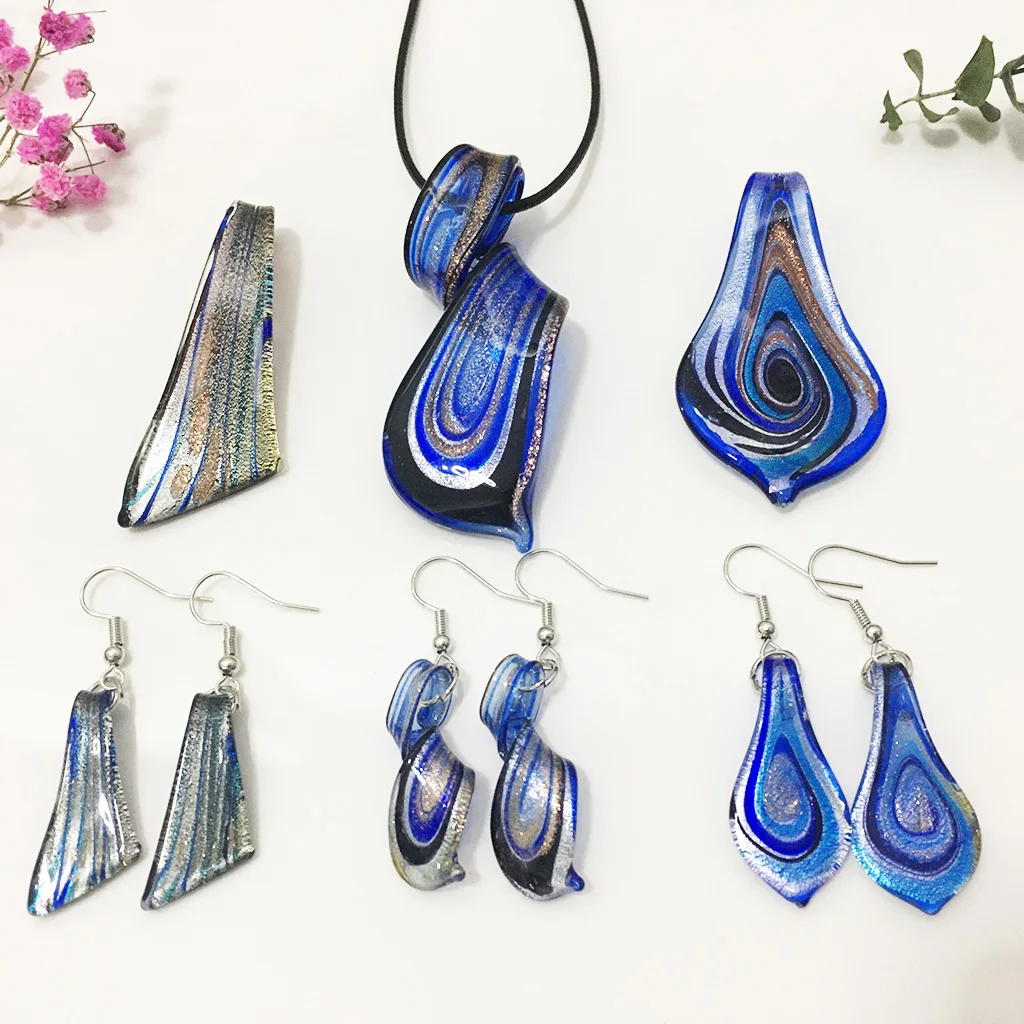 

3 Sets Muran Glass Lampwork Pendant Necklace Earrings For Women Dark Blue Knife Leaf Shapes Jewelry Cheap Items Free Shipping