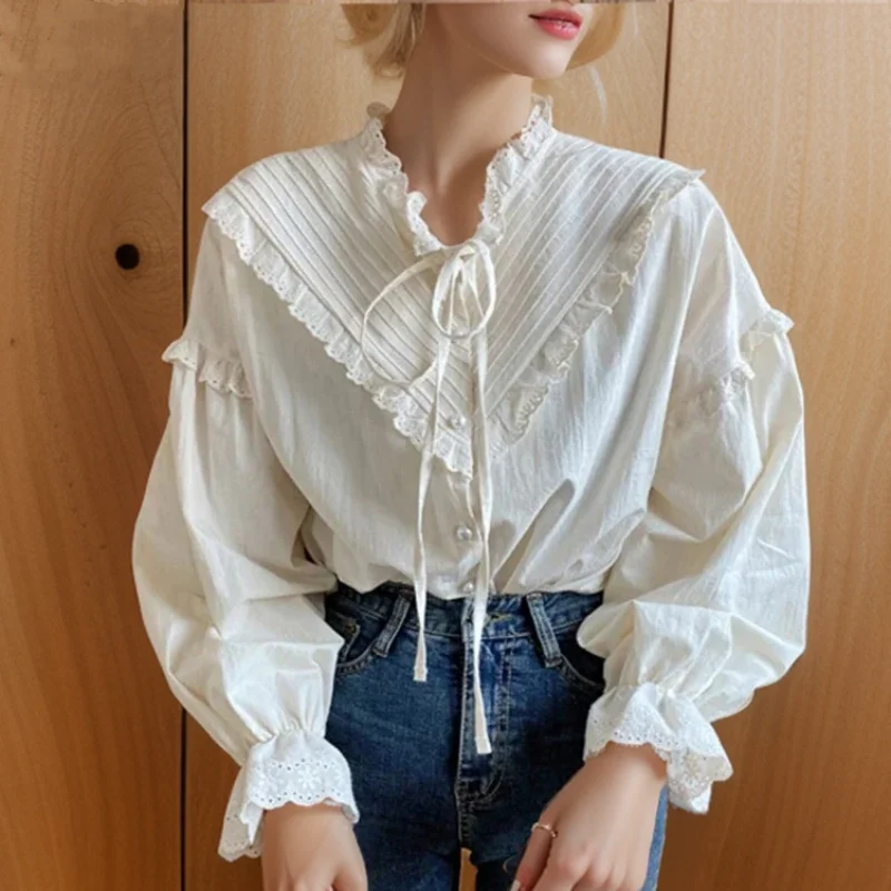 2024 New Hollow Out Vintage Casual Elegant Tops Women Shirts Solid Long Sleeve Korean Style Bow Loose Blouses Blusas 9580