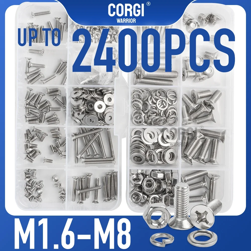 M1.6 M2 M2.5 M3 M4 M5 M6 M8 Up to 2400 Flat Phillips Head Machine Screws Bolts Assortment Kit Stainless Steel Screw Nuts Washers