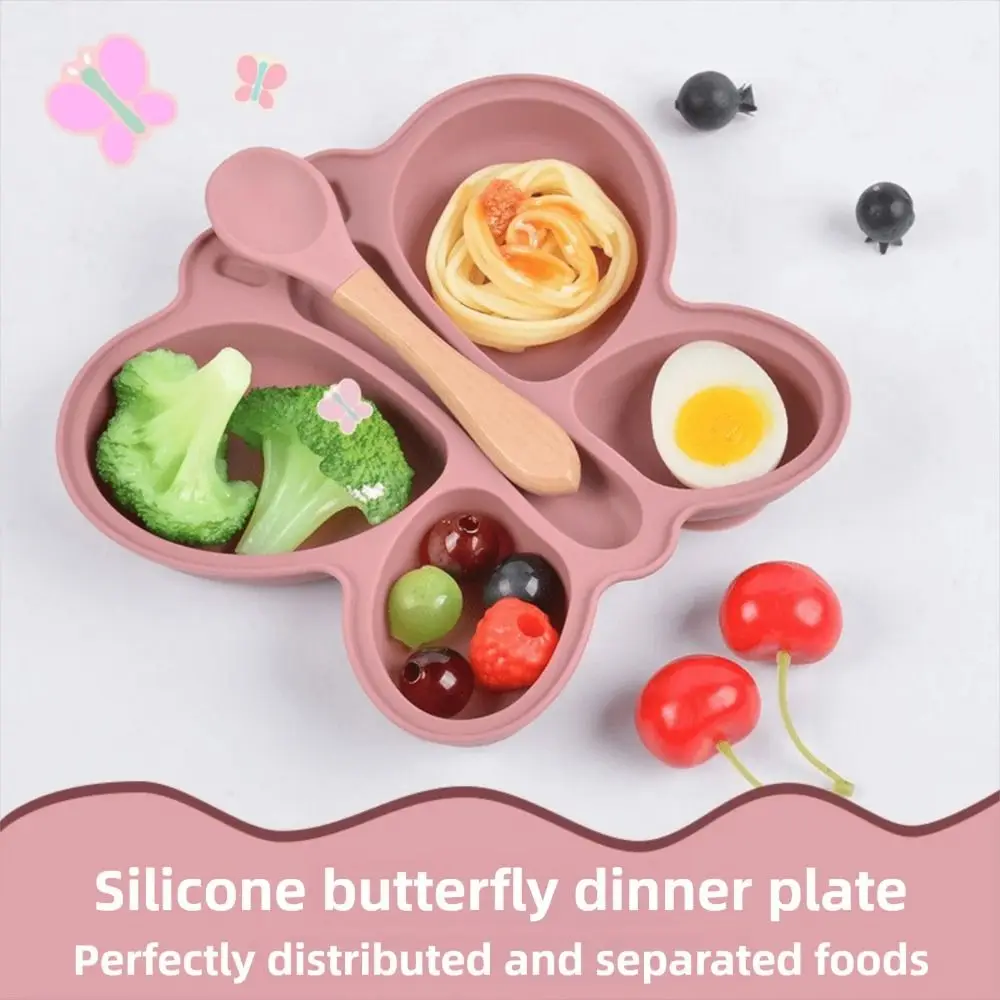 

2Pcs/Set Silicone Baby Dining Plate Suction Base With Spoon Baby Divided Sectioned Plate Shape Non-Slip Kid Training Tableware