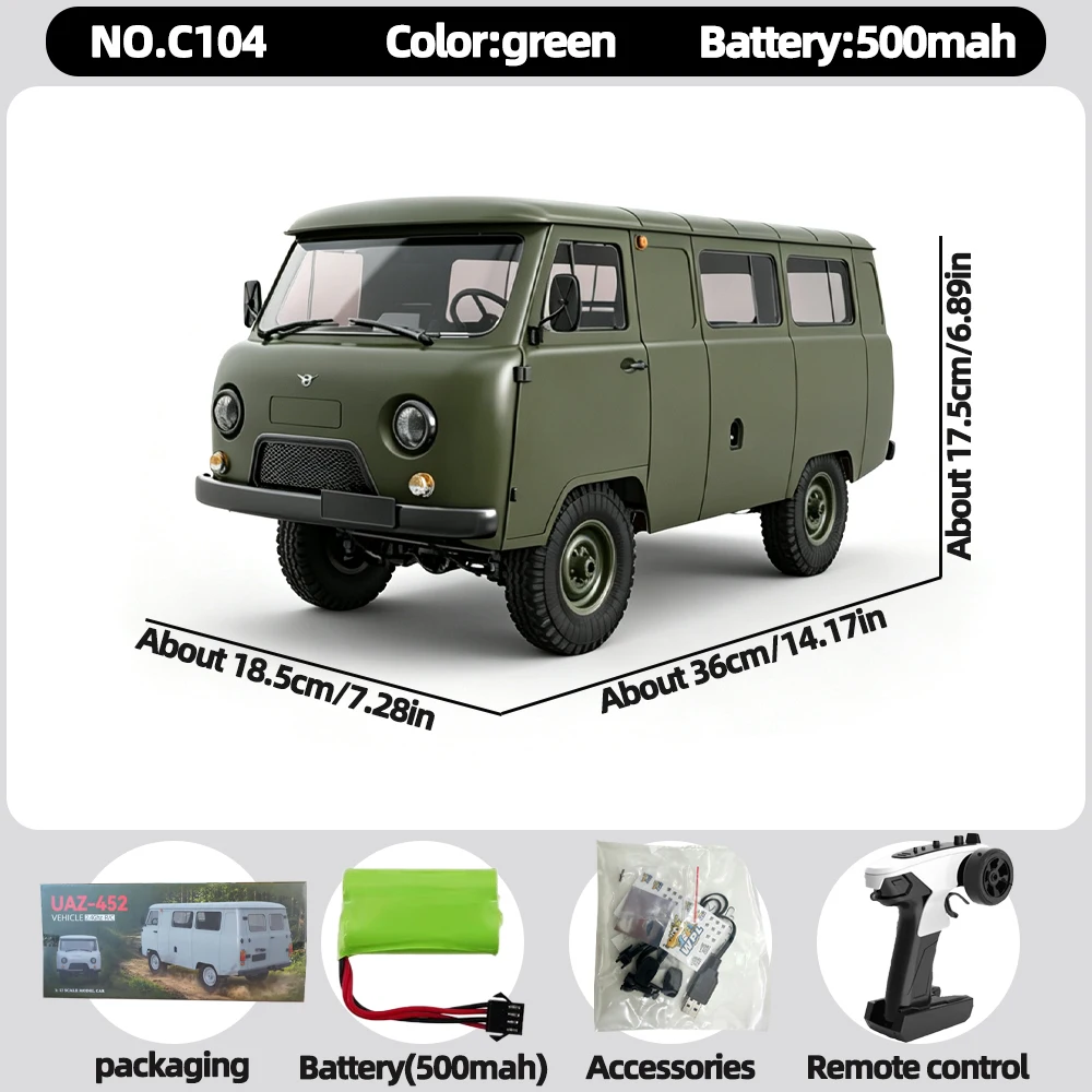 WPL C104 1:12 4WD Off-Road Bestelwagen RC Auto Vierwielaandrijving UAZ-452 Gesimuleerd RC Model Voertuig Elektrische Speelgoedauto voor Jongens en Volwassenen