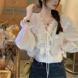 Women's 2024 Summer Pullover V-Neck Lace Ruffle Edge Lace Lantern Sleep Fashion Solid Color Sweet Versatile Long Sleeved Shirt