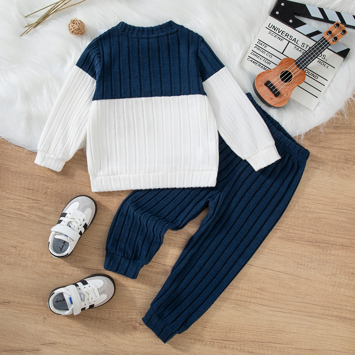 Spring Autumn Boys Ribbed Striped Tracksuit, Color Block Long Sleeve Top & Elastic Waist Pants, 2Pcs Clothing Suit For 1-7Y Boys