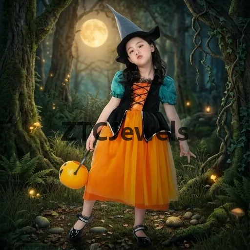 Pumpkin Witch Costume Halloween Carnival Puff Sleeve Orange Fancy Dress Party Uniform Cute Cosplay Outfit for Kids view 3