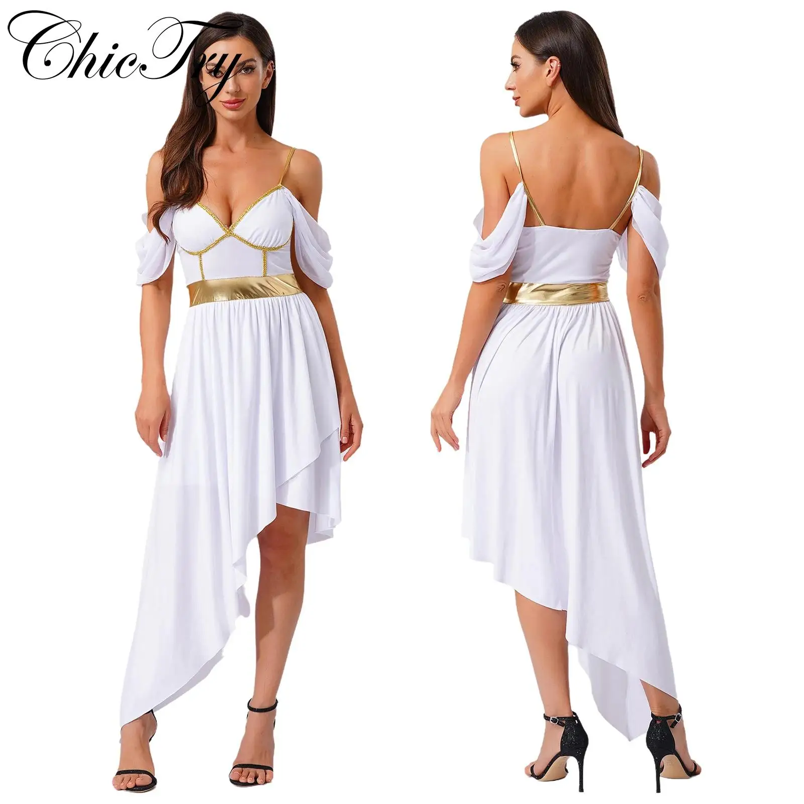 

Womens Ancient Greek Costume Halloween Roman Queen Cosplay Dress Metallic Shiny Off Shoulder Sling Carnival Roleplay Dress Up