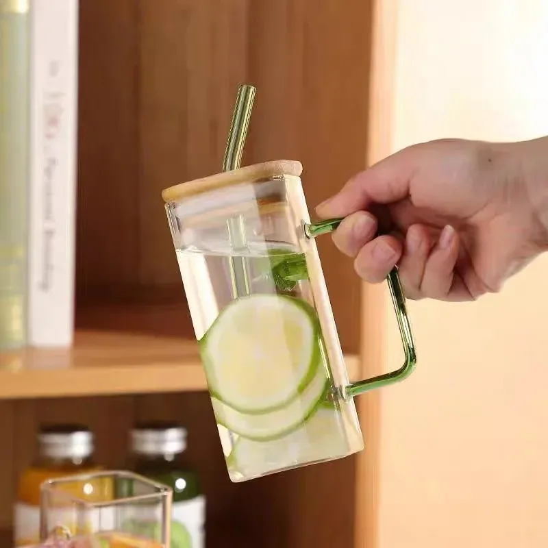 400ML Square Glass Mug With Lid and Straw Breakfast Milk Cup Microwave Safe Transparent Party Beer Coffee Mug Drinkware Glass
