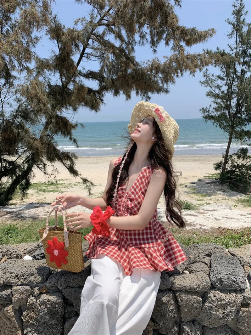 سترة نسائية بدون أكمام منقوشة باللون الأحمر بتصميم كلاسيكي ملابس خارجية صيفية بتصميم مثير لقضاء عطلة الشاطئ سترة يابانية حلوة...