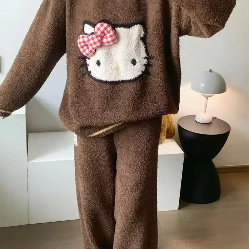 

Sanrio Home Clothing 2Pcs Hello Kitty Women's Half-Sided Pjamas Fall and Winter Thickened Cute Katie Coral Fleece Warm Set Cute