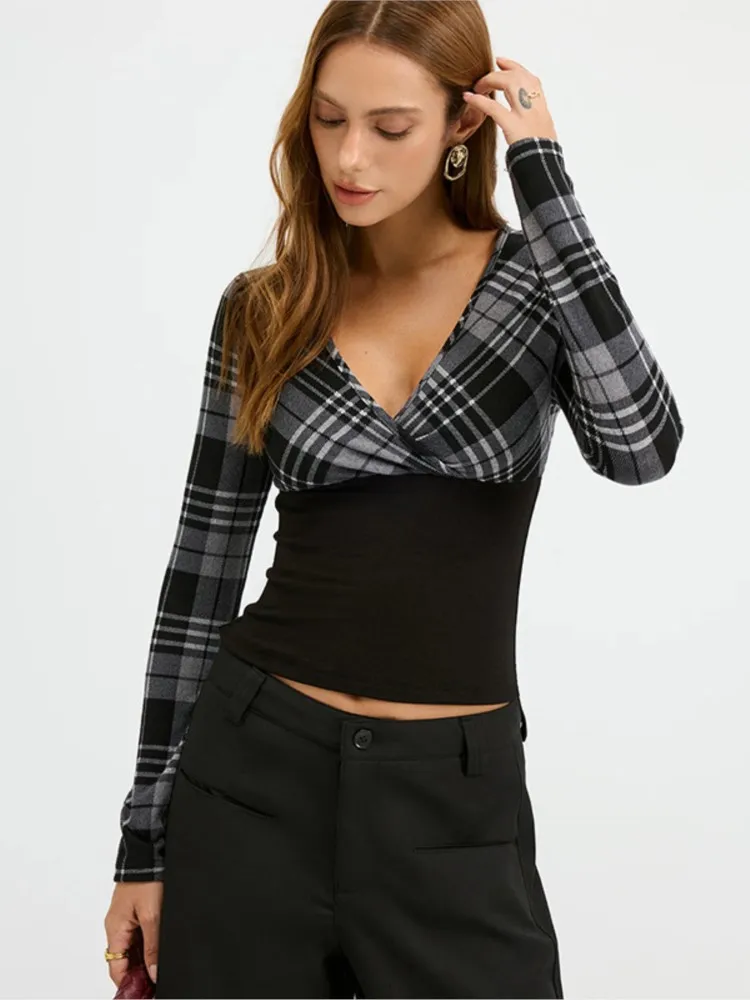 Plaid Patchwork Slim Fit Gestricktes Langarmshirt Top V-Link Low Cut Trendy All-Match Einfacher Stil Pendeln Lässige Blusas