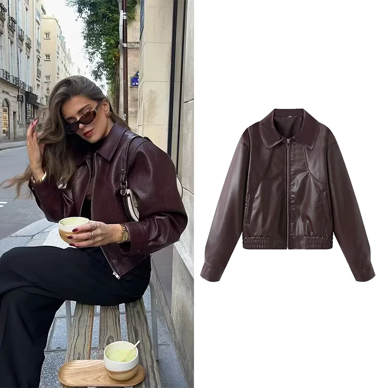 

Autumn Women Leather Jacket with Zipper Fashion European style Long Sleeve Lapel Collar Women's Coats Female Chic Tops