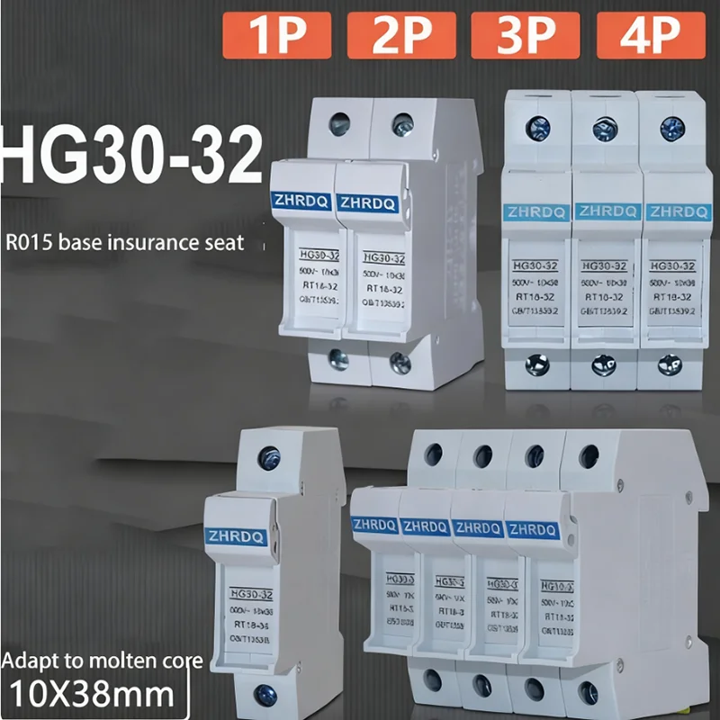 RT18-32 HG30-32 4P 500V 10*38mm High Voltage Solar PV fuse tube base 32A 500V 0.5A~40A CE Certified