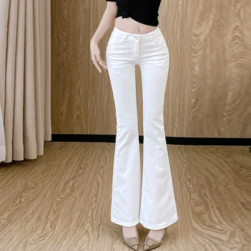 

Новые белые джинсовые брюки в стиле ретро, женские брюки с высокой талией и карманами на молнии, дизайнерские расклешенные брюки, модная уличная одежда, повседневные женские джинсы
