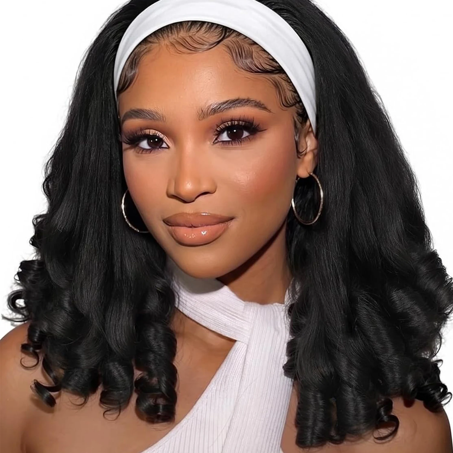 Yaki Curly Headband Wig Spiral Curls Ends Wigs for Black Women Springy Spiral Curls,Natural Yaki Texture,Synthetic