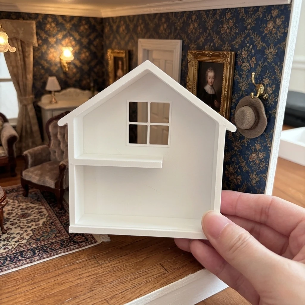1pc Blank White Mini House Display Shelf Shadow Box, Miniature Storage Rack with 4-Pane Simulated Window Cutout