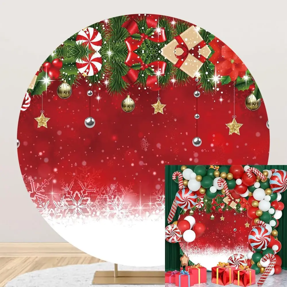 Merry Christmas Round Backdrop Cover Star Bell Bow Green Pine Branches Red Photography Christmas Party Decor Background Studio