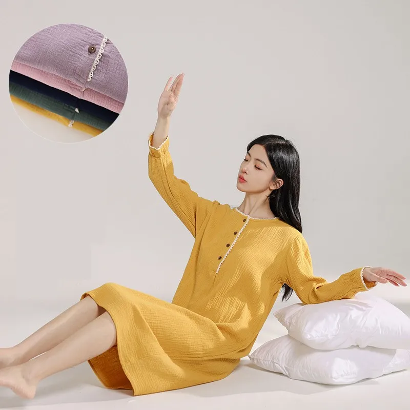 New Spring Women's Nightdress 100% Cotton Round Neck Pullover Loose Nightdress Dress Large Home Dress Long Sleeve Home Dress