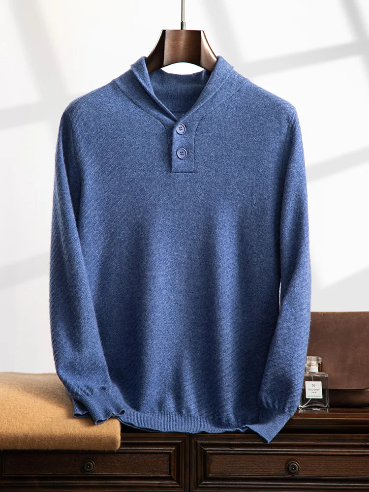 Men's 100% Cashmere Sweater Shawl Collar Pullovers Autumn Winter Smart Casual Twill Jacquard Long Sleeve Knitwear Clothing Tops