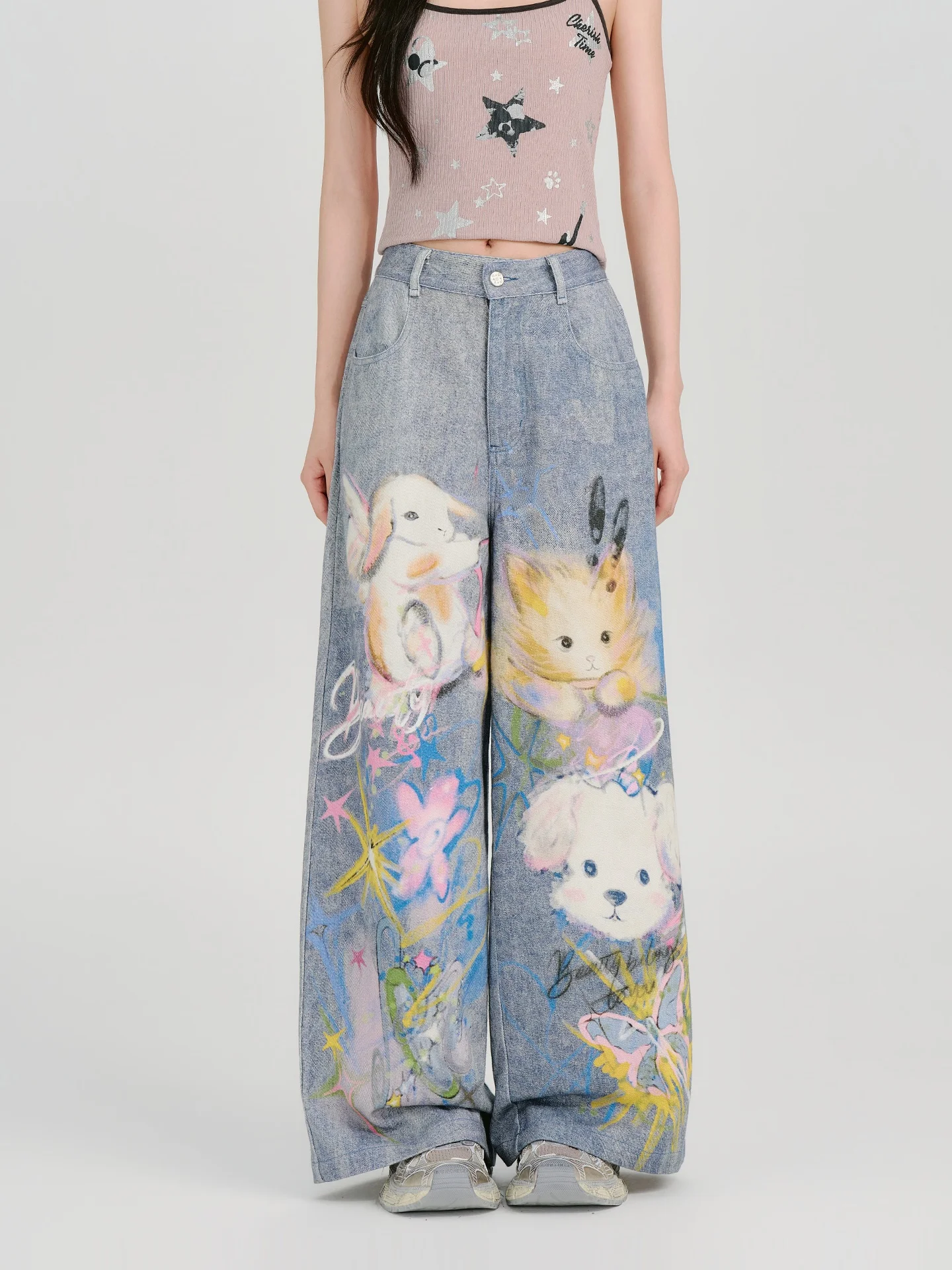 Girlyhalo American Retro Smear Cartoon Print Jeans Women Summer New Sweet Cool Loose Wide Leg Long Pants Natural Waist