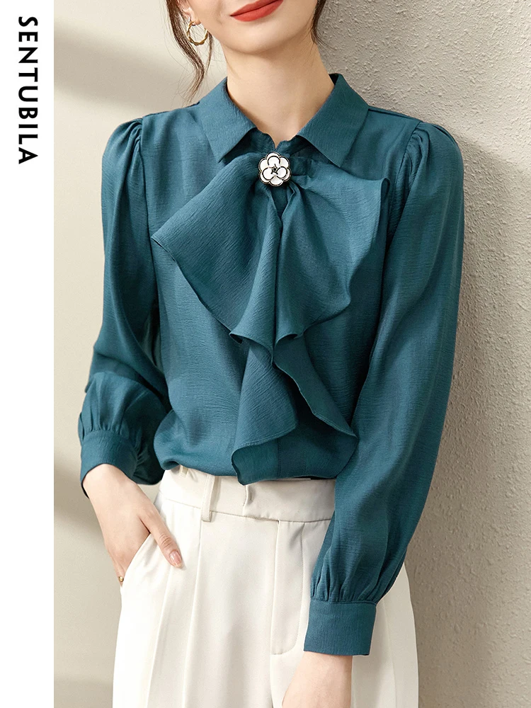 

SENTUBILA Elegant Ruffles Chiffon Womens Tops and Blouses 2024 Long Sleeve Straight Lyocell Shirts and Blouses 141V53177X