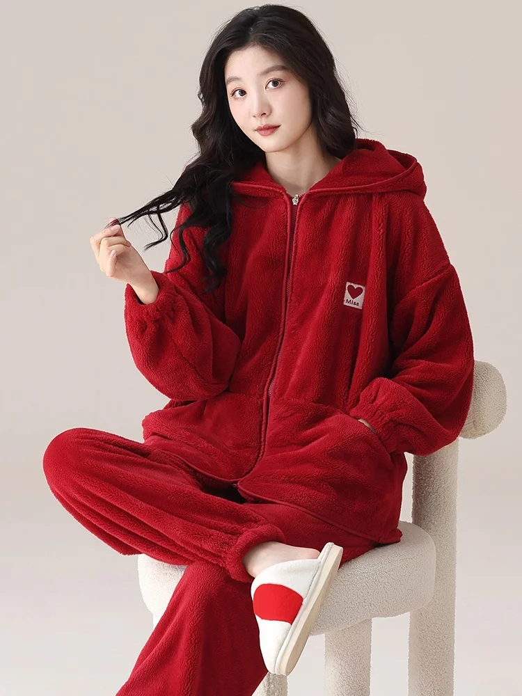 thiened-coral-fce-winter-pajamas-women's-home-clothes-with-hat-indoor-outdoor-wear-red-luy-year-casual-sle-long-pants