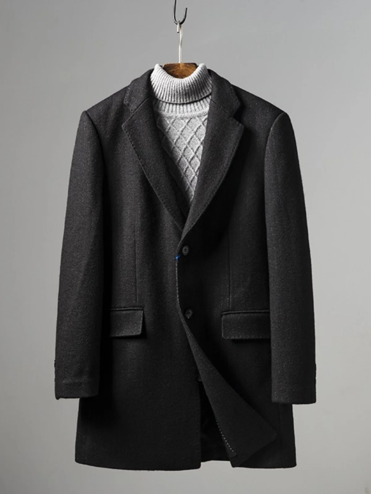 

Черный шерстяной костюм-джат для молодых мужчин, осенне-зимнее пальто с лацканами и одной пуговицей, модное городское пальто-стойка