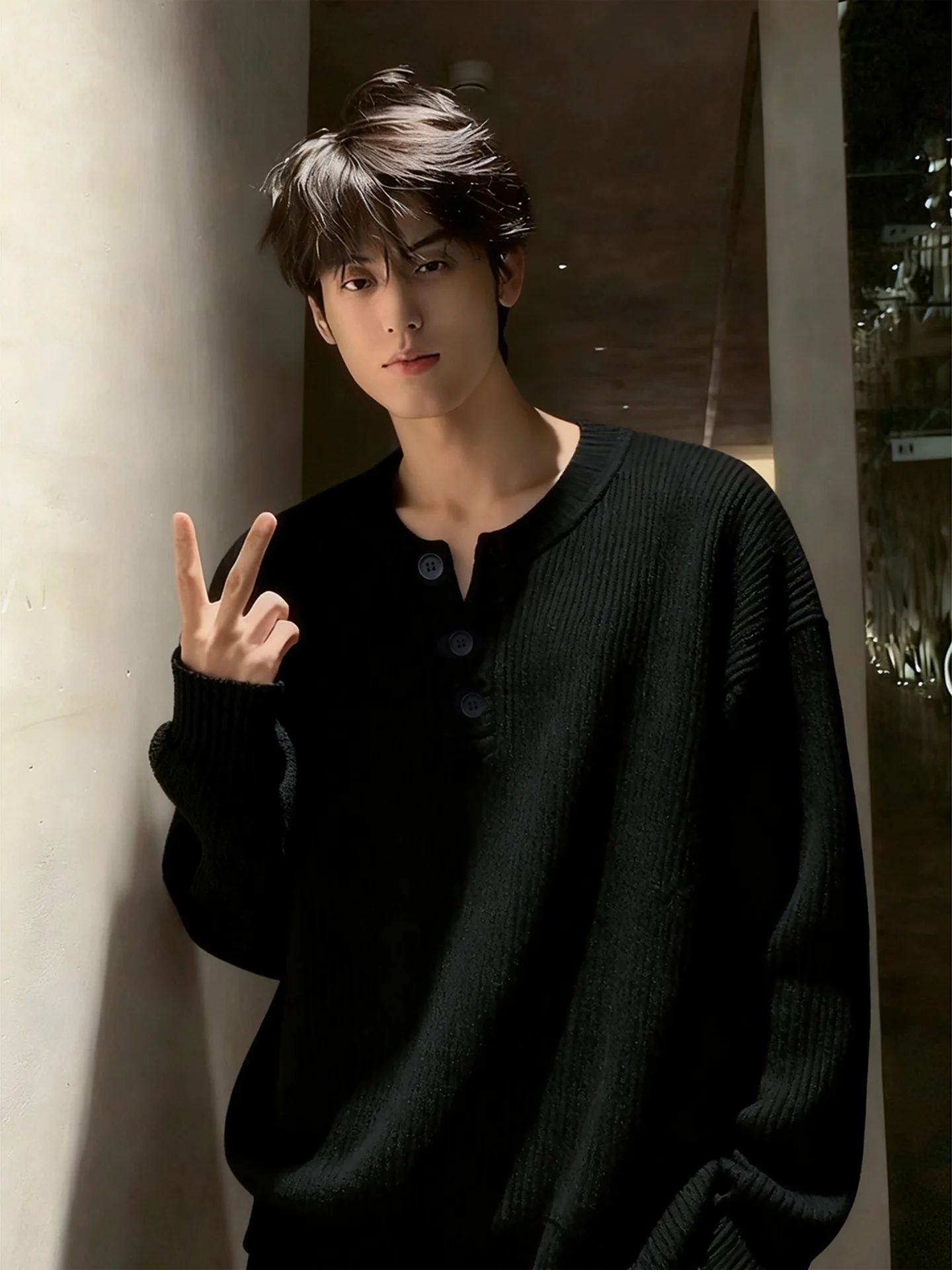 

Мужской вязаный свитер свободного кроя с воротником хенли, осенний, повседневный, для ношения под одеждой, из комфортного хлопкового смесового материала