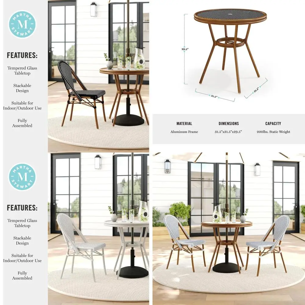 

Круглый обеденный стол для бистро 31 с поверхностью из натурального дерева и ротанга, с закаленным стеклом